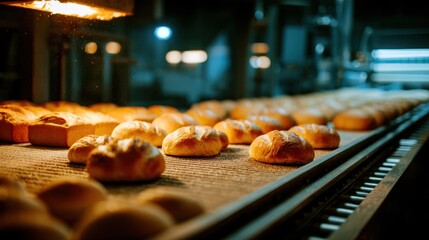 Freshly Baked Bread Rolls on a Conveyor Belt in a Modern Bakery