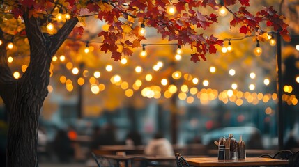 Outdoor cafe scene at twilight, with warm lighting and autumn leaves.