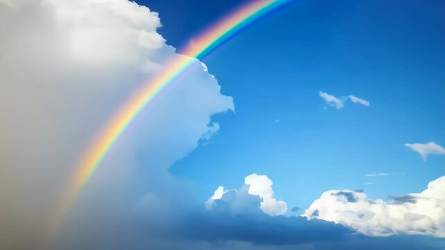 Vibrant rainbow arching across sunny blue sky with fluffy cumulus clouds, a natural phenomenon, weather backdrop, clean air, and light atmosphere.