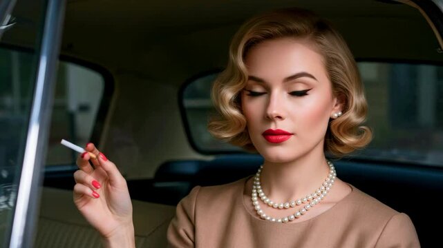 Vintage portrait of a glamorous woman in a classic car, elegantly holding a cigarette with pearls