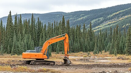 Orange excavator in a clearing surrounded by evergreen trees.