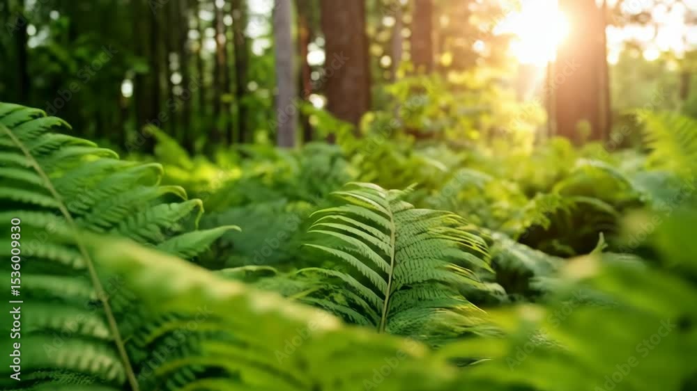 Poster lush ferns flourishing in a forest with sunlight filtering through trees, creating a green and seren