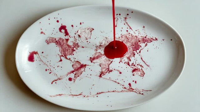 White Plate with Cranberry Sauce Splatters Forming a World Map Shape