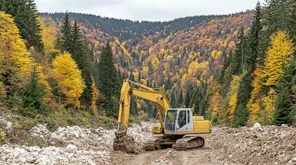Excavator in a mountain valley with autumn foliage.