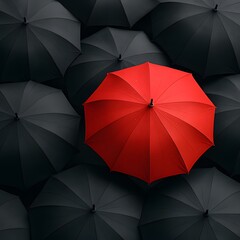 Red umbrella standing out in a crowd of black umbrellas. Concept of uniqueness, leadership, individuality, or differentiation