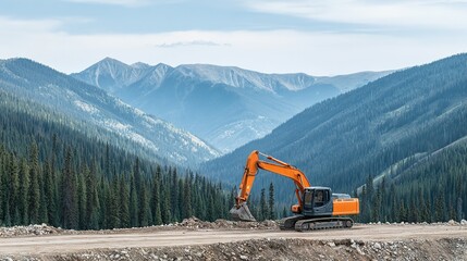 Excavator parked amidst a mountain landscape.