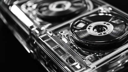 Retro Audio: Close-up of a Vintage Reel-to-Reel Tape Recorder in Black and White