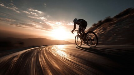 Silhouette Cyclist Riding Road Bike at Sunset Golden Hour Mountain Landscape Sport Active Lifestyle Fitness Endurance Powerful Athlete Strong Determination Scenic View Dynamic     