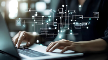 Data flow diagram. Process decomposition and data flow analysis. Engineer using laptop computer to manage data processing system.