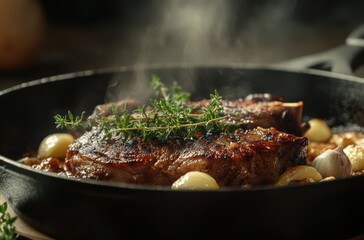 Fototapeta premium Sizzling lamb shank steak in a cast-iron skillet, garnished with fresh thyme and