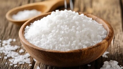Close-up of coarse sea salt in a wooden bowl on a rustic wooden table with a spoon nearby - Powered by Adobe