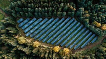 Aerial View of Solar Panels in a Forest