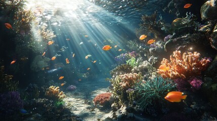 Naklejka premium Sunlight filters through tropical underwater scene with vivid coral reefs and fish