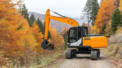 Orange excavator working in an autumnal forest.