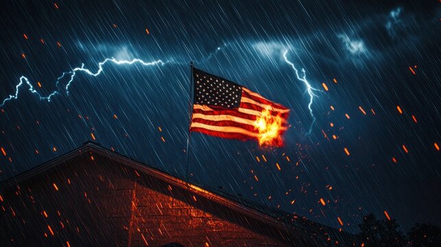 United States flag on fire in a rainstorm with lightning strikes in the background