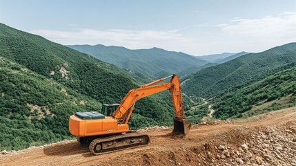 Orange excavator on a hillside overlooking a valley.