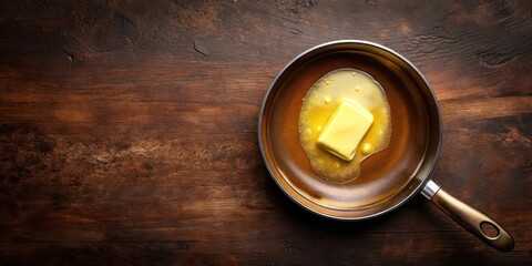 Melted butter in a hot pan top view, with golden brown and shiny liquid on the surface, surrounded by dark brown edges, melted, pan