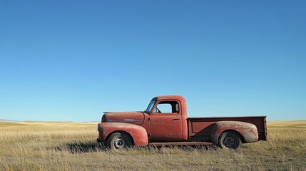 Vintage red truck resting on a golden prairie beneath a clear blue sky