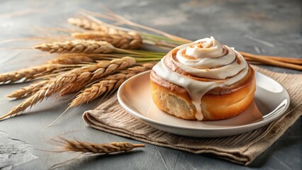 Fresh close-up cinnabon with butter cream on a plate on a gray background with wheat for cafe, bakery, sweet treat