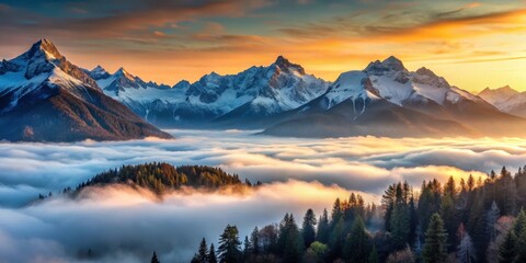Obraz premium Misty mountains at sunrise with snow-capped peaks and a valley below, altitude, sun