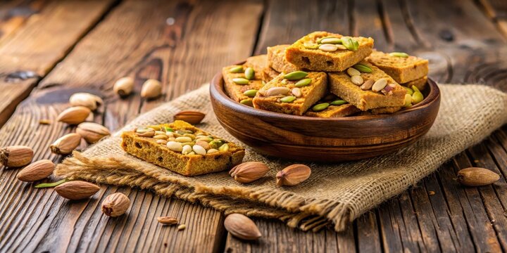 Crunchy pista badam gajak patti on a wooden table, crunchy, snack,  crunchy, snack
