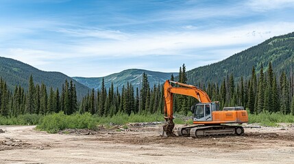 Orange excavator in a clearing amongst pine trees.
