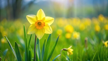 Obraz premium Solo daffodil blooms in a green meadow, its trumpet-shaped petals facing forward, wildflowers