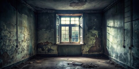 Dark and abandoned room with a single dusty window, solitude, decay,  solitude, decay, shadows, dust