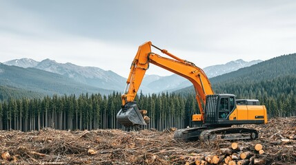 Excavator working in a freshly logged forest area.