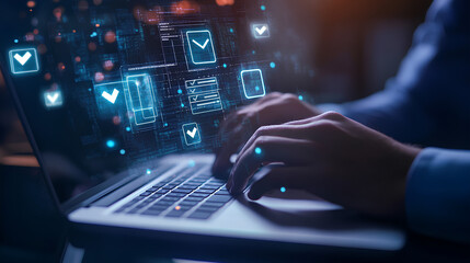 Generative AI artificial intelligence generate document and business files. Intelligent automation IA system and technology. Businessman typing on laptop computer keyboard. Check mark and file icons.