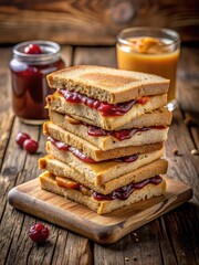 A peanut butter and jelly sandwich stack with a rustic wooden table and a hint of condiments