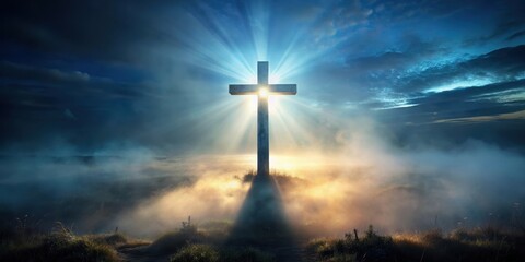 Naklejka premium Illuminated Cross amidst Foggy Landscape