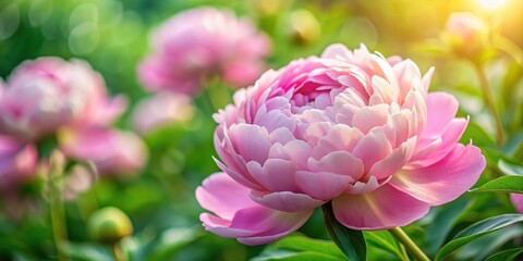 Fototapeta premium Soft pink peony petals unfolding in a lush garden