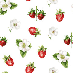  vector seamless pattern with vintage strawberry branch with berries, leaves and flowers. Isolated on white
