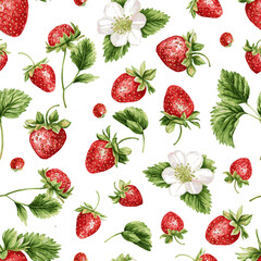  vector seamless pattern with vintage strawberry branch with berries, leaves and flowers. Isolated on white
