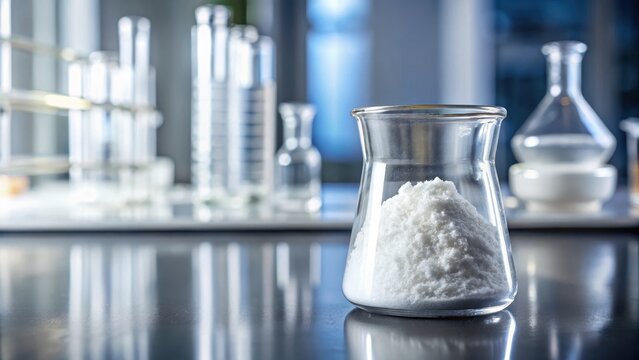 White powder substance in a beaker on a laboratory table