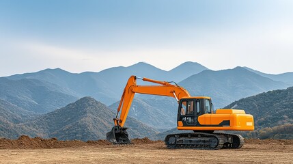 Excavator on a construction site with a mountain backdrop.