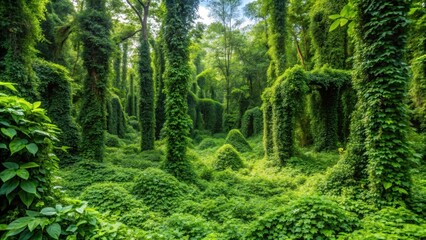 Half of a dense forest covered in half-grown plants and vines