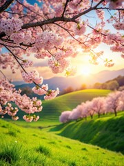 Softly blooming cherry blossoms in a warm sunlight filter against a blurred green grassy hillside