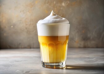 A glass filled with a refreshing golden liquid topped with a thick layer of creamy white foam