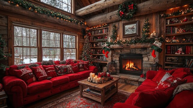Cozy Christmas log cabin living room with red furniture, a fireplace, and holiday decorations