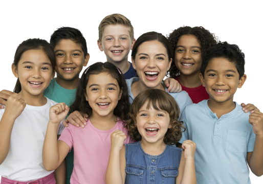 Happy Children with Teacher Celebrating Success Together