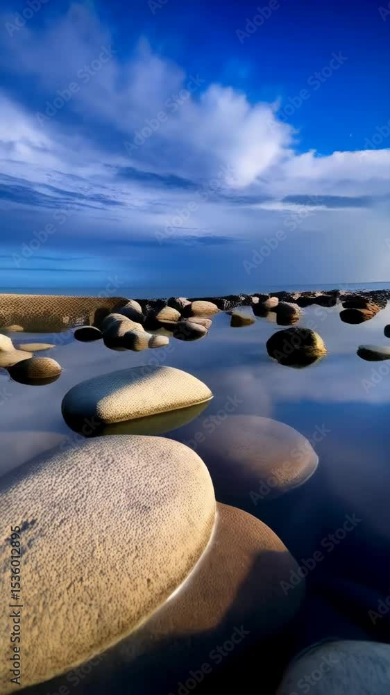 Poster reflections of sunlight and clouds on still tidal pool, with smooth pebbles and rock stones on the s