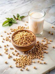 Soy milk and soybeans in a bowl on a white marble background