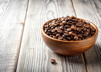Fototapeta premium Brown wooden table with coffee beans in a rustic ceramic bowl on a soft white background