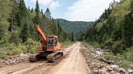 Orange excavator on a dirt road through a wooded valley.