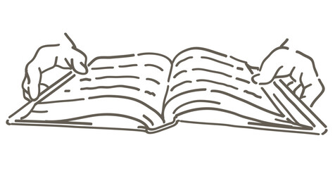 本を読んでいるシーンのイラスト。手と本。シンプルタッチ、ベクターイラスト素材。