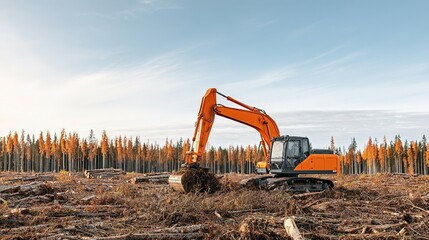 An orange excavator working on a recently logged area.