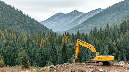 Excavator working in a mountainous forest.