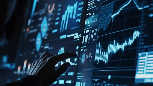 Analyst examines business intelligence data graphs, charts, and metrics on multiple computer monitors - Powered by Adobe